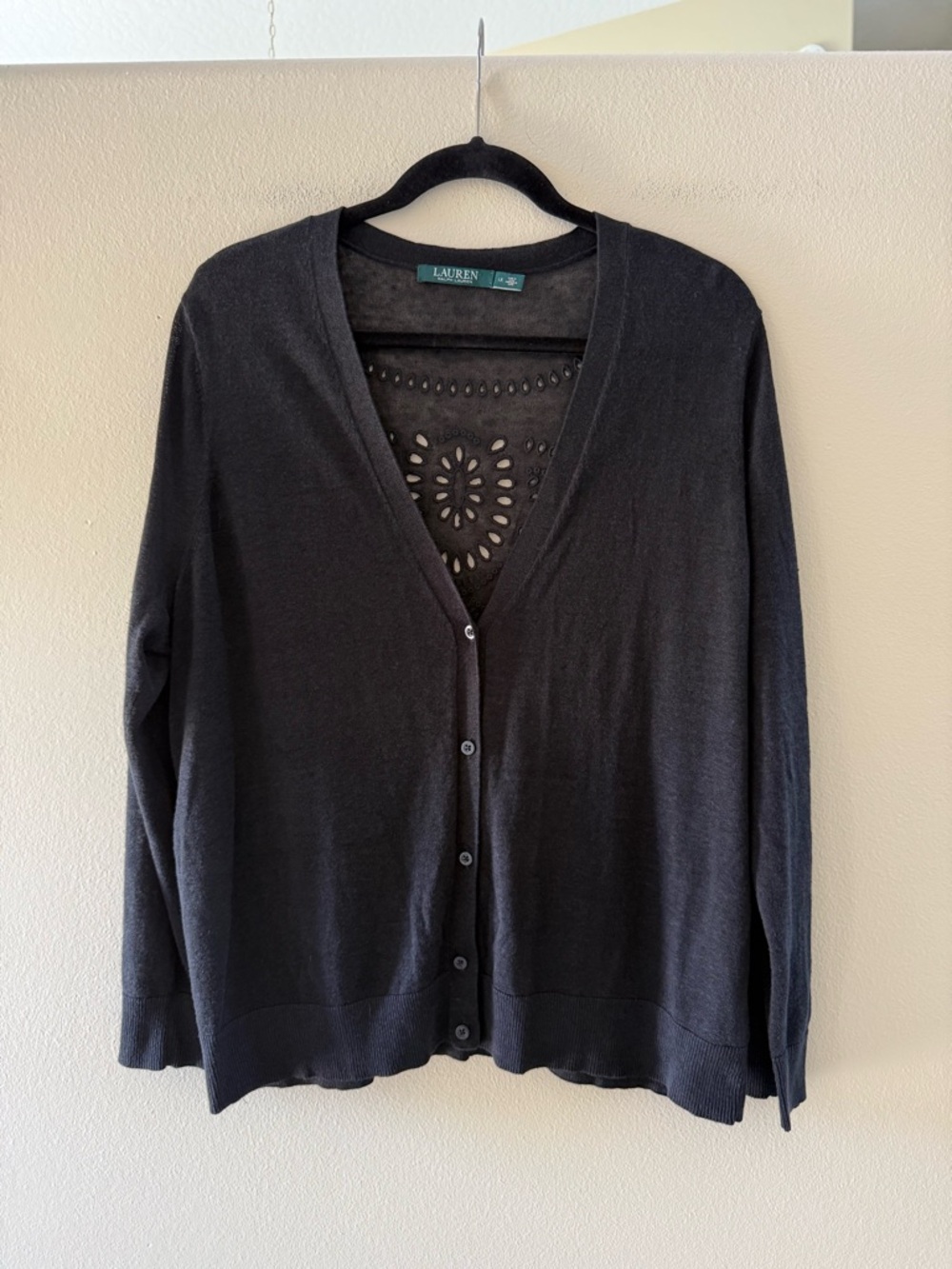 Ralph Lauren Black V-Neck Button Front Cardigan with Cutout Back Detail Linen